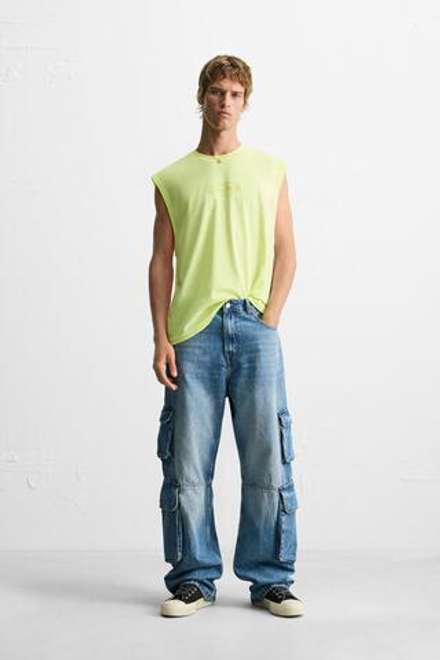 ZARA ФУТБОЛКА С РЕЛЬЕФНЫМ ПРИНТОМ, НЕОНОВО-ЖЕЛТЫЙ