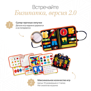 Мягкий развивающий бизиборд «БИЗИПАПКА» 10в1