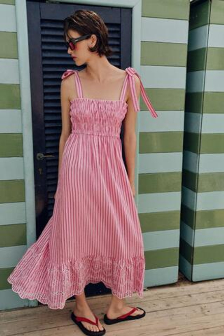 ZARA ПЛАТЬЕ МИДИ В ПОЛОСКУ С ЗАВЯЗКАМИ, РАЗНОЦВЕТНЫЙ