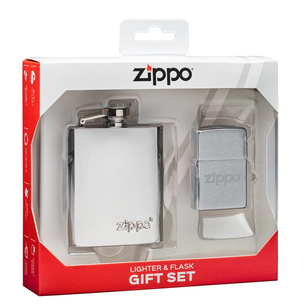 Фото подарочный набор с бензиновой серебристой зажигалкой Zippo и флягой Зиппо на 89 мл в коробке