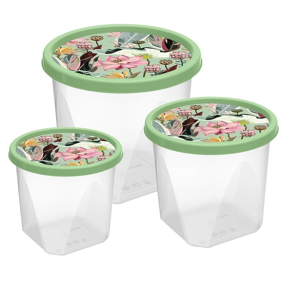 Комплект контейнеров 3шт (0,6л+1л+1,75л) с декором (зеленый)