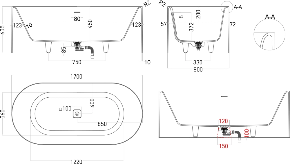 Ванна PERLA 170x80 матовая покраска по RAL полностью
