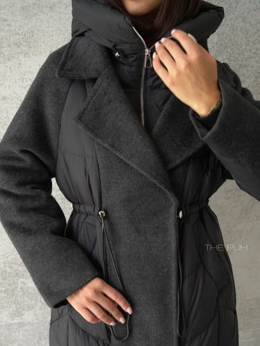 Черный комбинированный пуховик-пальто на кулиске