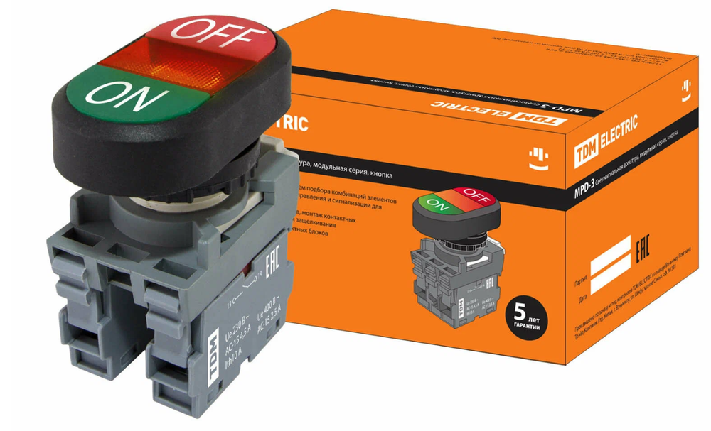 Кнопка двойная MPD3-11R (зел/крас) (LED)  1НО+1НЗ  d22мм/220В,  линза красная TDM SQ0747-0050