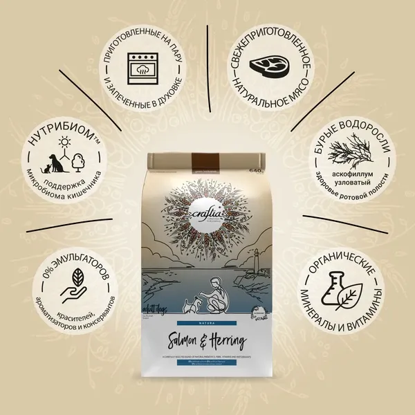 Сухой корм CRAFTIA NATURA для взрослых собак миниатюрных и мелких пород из лосося с сельдью