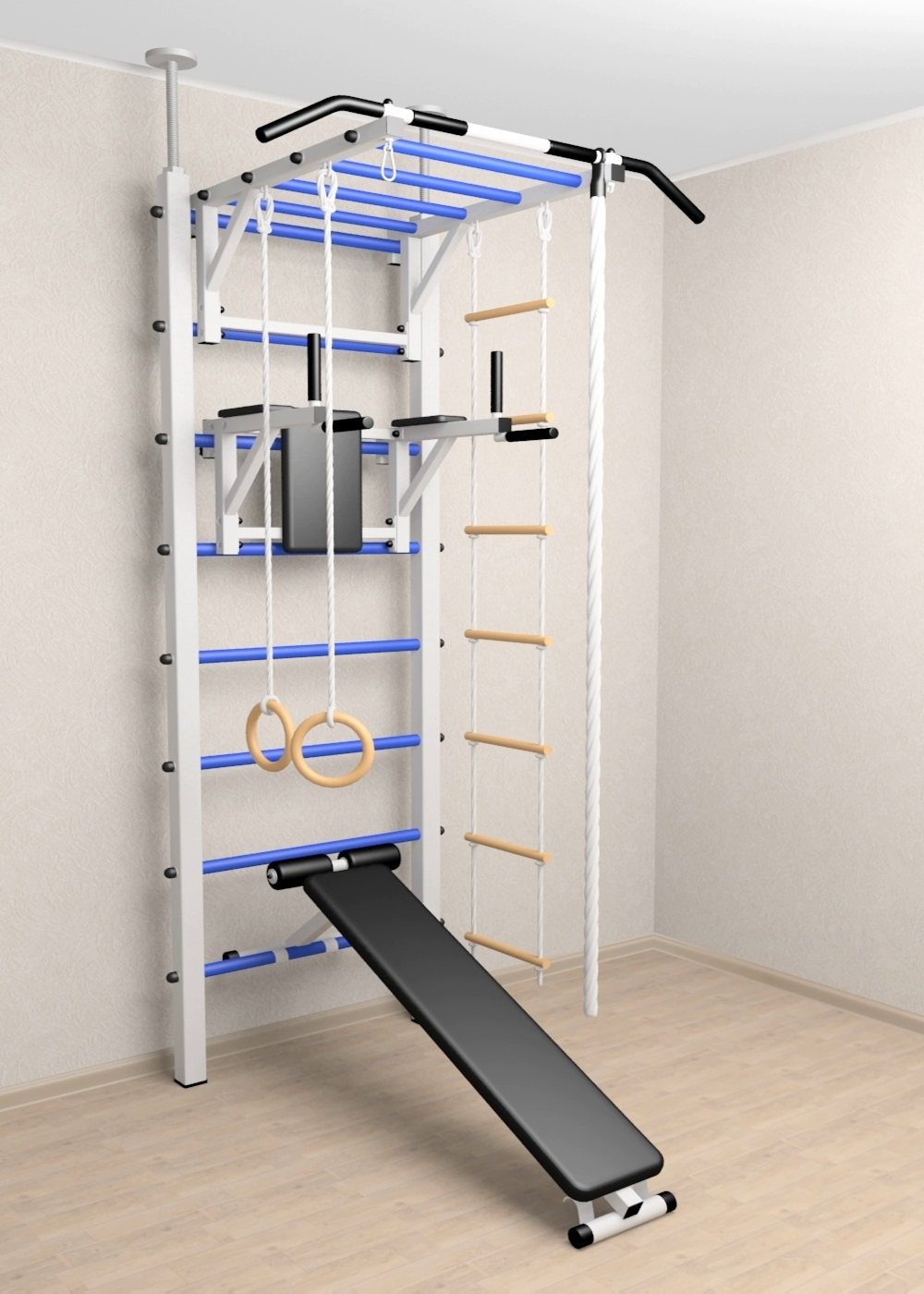 Шведская стенка Sv Sport враспор (Турник рукоход/Брусья/Скамья/Канат/Кольца/Лестница)