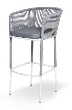 "Марсель" стул барный плетеный из роупа, каркас из стали светло-серый (RAL7035) муар, роуп светло-серый круглый, ткань светло-серая
