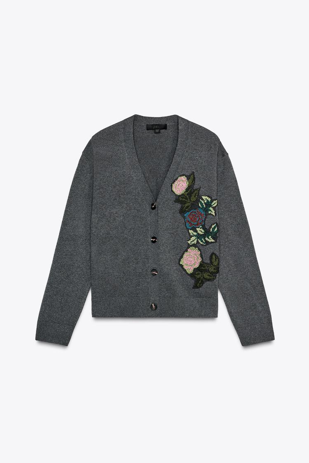 ZARA КАРДИГАН С ЦВЕТОЧНОЙ ВЫШИВКОЙ, СЕРЫЙ