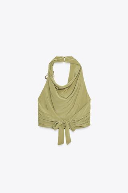 ZARA ТОП С ГОРЛОВИНОЙ ХАЛТЕР, ФУРНИТУРОЙ, УЗЛОМ И ОТКРЫТОЙ СПИНОЙ, СВЕТЛЫЙ ХАКИ