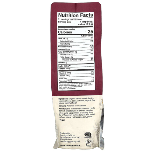 Teeccino, травяной кофе из цикория, средней прожарки, без кофеина, фундук, 312 г (11 унций)