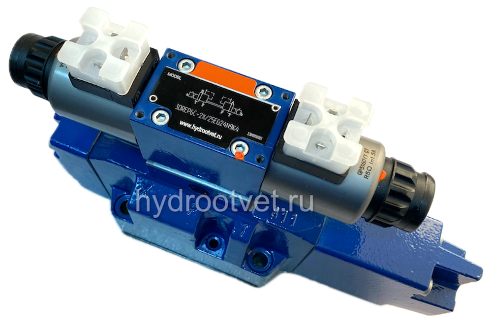 4WRZ16W6-150-7X/6EG24N9ETK4/D3V - Пропорциональный распределитель Ду16 без усилителя, номинальный расход 150 л/мин, схема W6, каналы управления ET - X и Y - внутренние