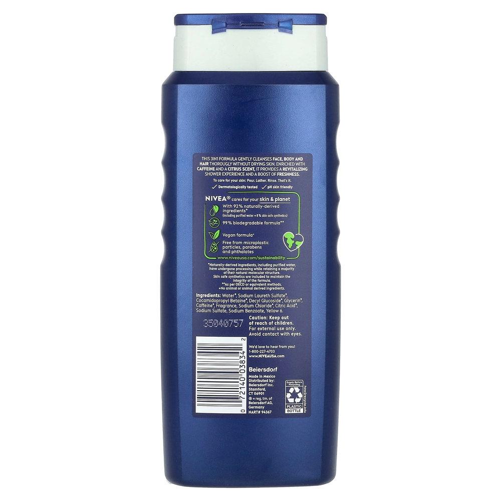 Nivea, Для мужчин, гель для душа 3 в 1, цитрусовый аромат и кофеин, 500 мл (16,9 жидк. унц.)