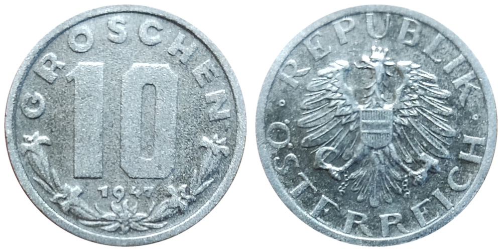 Австрия 10 грошей, 1947-1949 XF