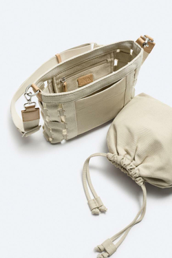 ZARA ТКАНАЯ ХОЛЩОВАЯ СУМКА ЧЕРЕЗ ПЛЕЧО, БЕЛЫЙ ЭКРЮ