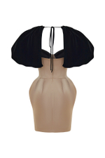 Платье мини из бархата и сатина с объемными рукавами