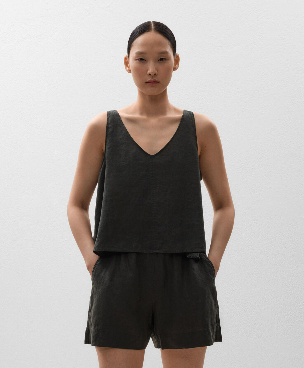 Oysho Топ из 100% льна с V-образным вырезом, антрацитовый