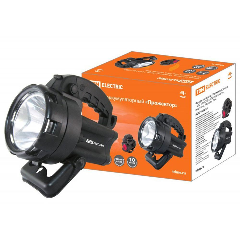 Фонарь ручной, встр акк, прожект, TDM, зар от сет220В, зар от сети авто, пластик, режим SOS, 1LED,3В