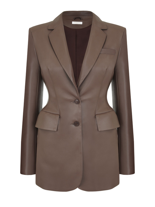 Жакет приталенный из эко-кожи, коричневый