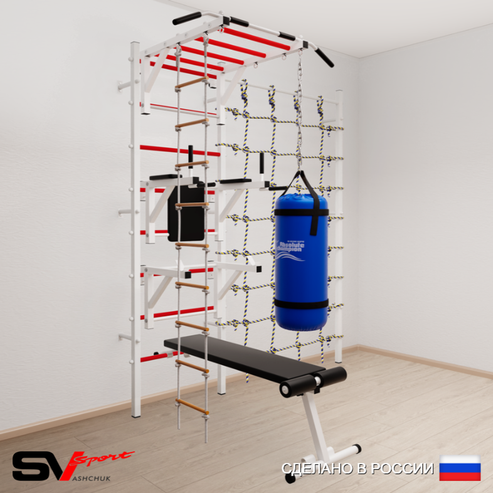 Шведская стенка Sv Sport 56210 (Турник рукоход/Брусья/Стойка/Скамья/Лестница/Цепь/Мешок 15кг/Канатный лаз)