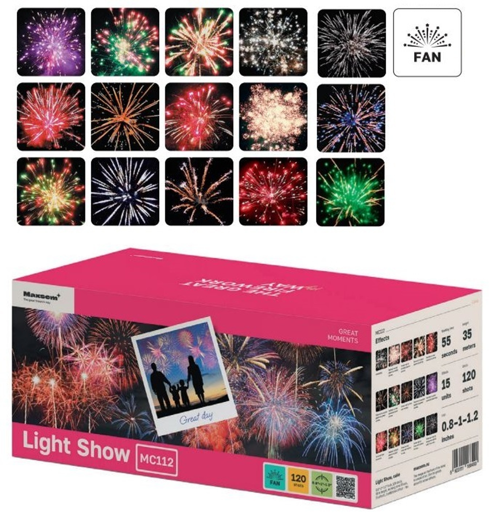 Батарея салютов "Light Show" MC112 120 залпов * 0.8-1-1.2"