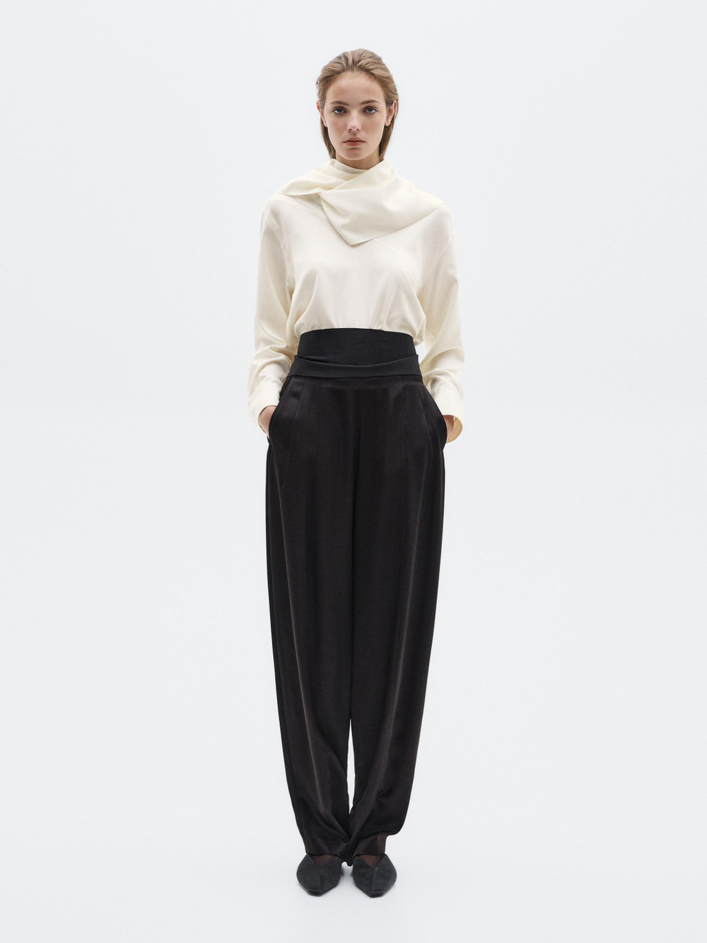 Massimo Dutti Блузка из смесового шелка со шнуровкой - Limited Edition, натуральный