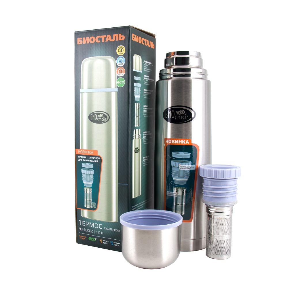 Термос &quot;Биосталь&quot; с узкой горловиной и пробкой с ситечком, 1,0 л /12/