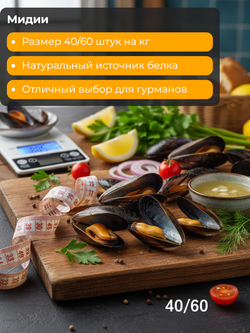 Мидии в раковинах варено-мороженое 40/60 1 кг