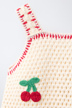 ZARA ПЛАТЬЕ ИЗ ТРИКОТАЖА КРОШЕ С ВИШНЯМИ, ЭКРЮ/КРАСНЫЙ