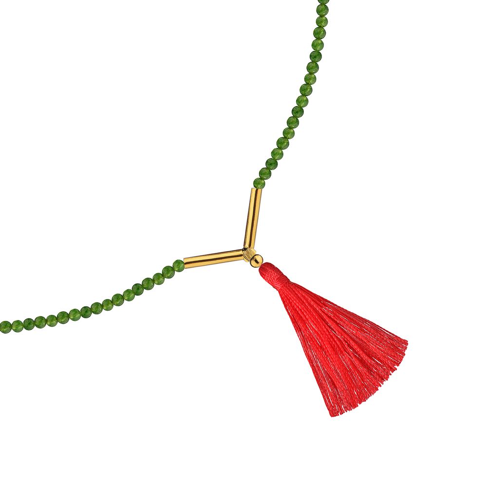 Подвеска из зеленого агата с красными кистями 65 см