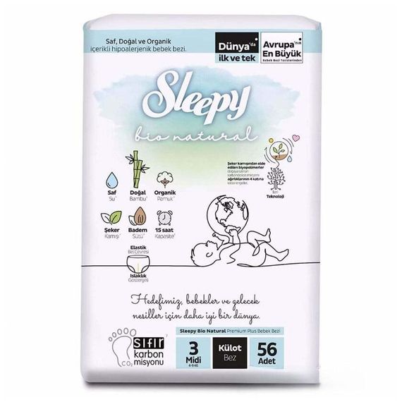 Uşaq bezi \ Подгузники \ Diapers Pants Sleepy Bio Natural 3 Midi, 4-9 kq, 56 ədəd