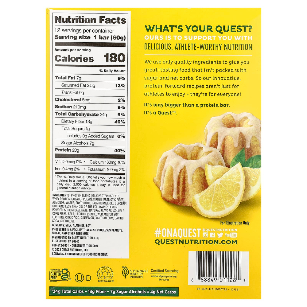 Quest Nutrition, протеиновый батончик, вкус лимонного пирога, 12 батончиков, 60 г (2,12 унции) каждый