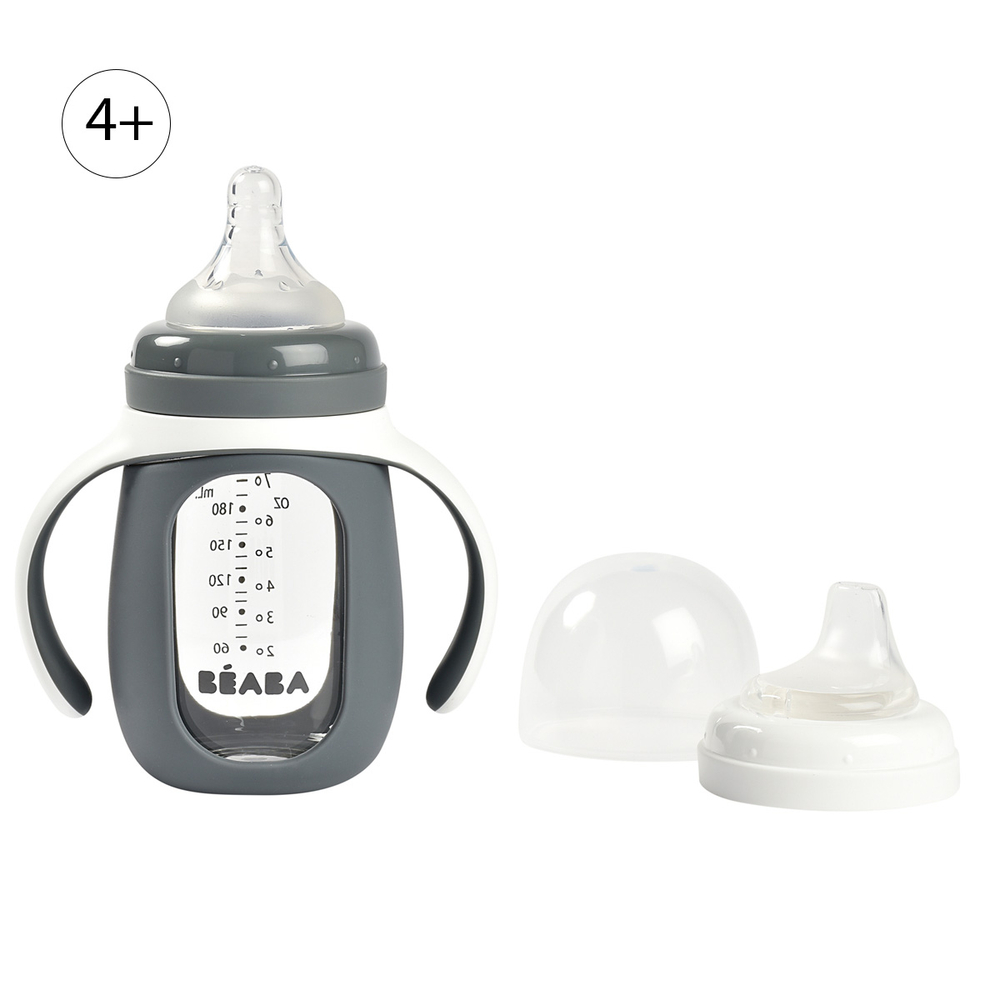 Детский стеклянный поильник-непроливайка 2 в 1 BEABA, 210 мл серый
