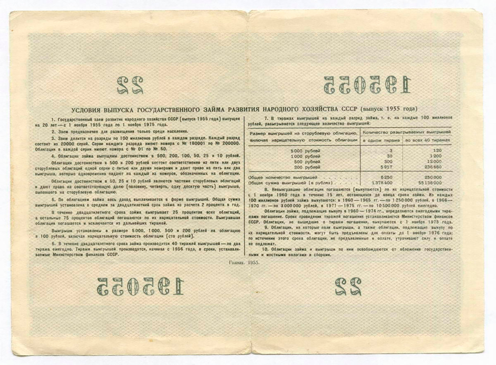 Облигация 50 рублей 1955 год. Серия № 195055. F-