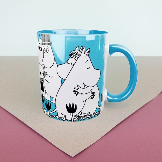 Кружка керамическая объем 330мл, Муми-тролли "День великого обнимания", (лазурная)