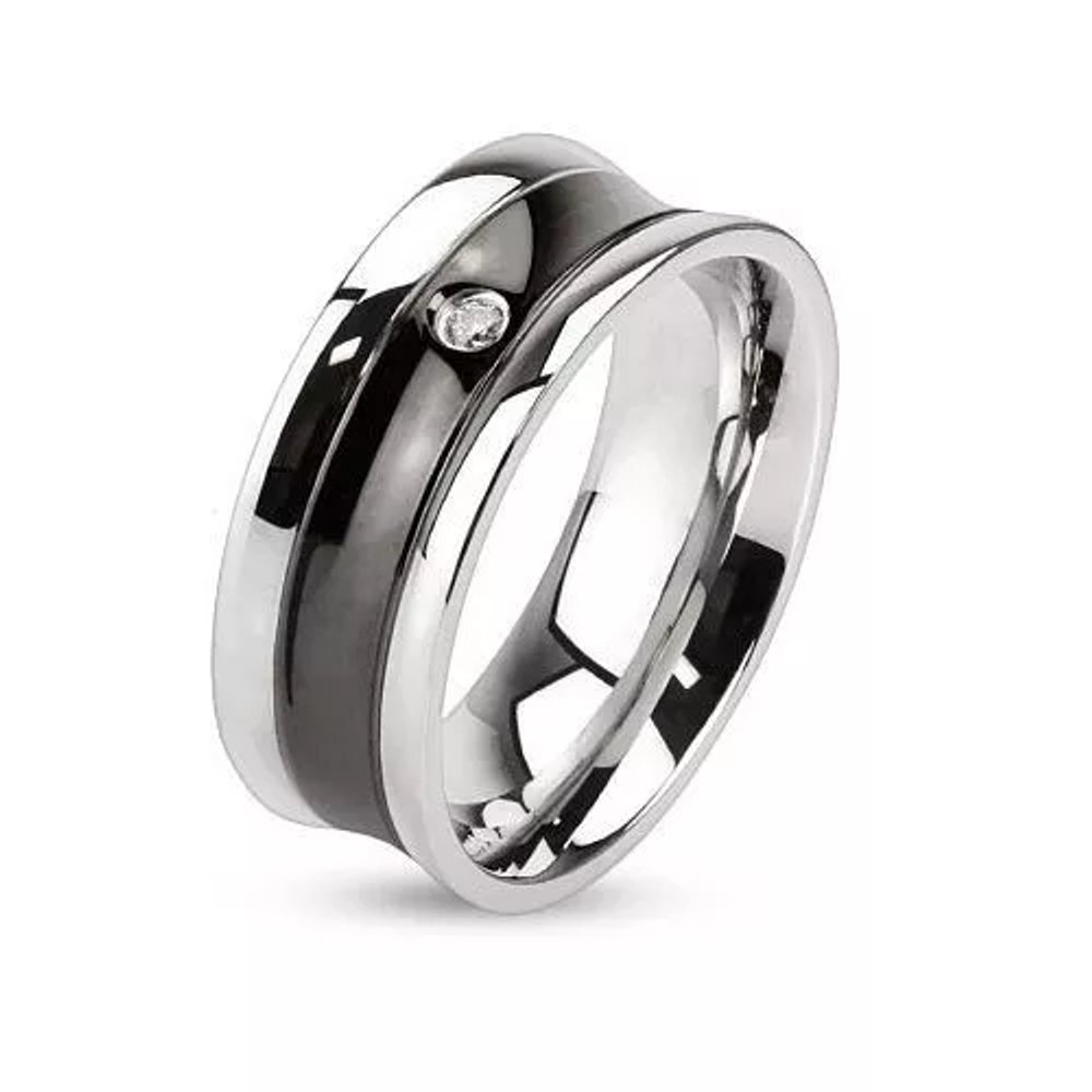 Фото мужское американское кольцо с чёрной полосой из ювелирной стали с цирконом размер 18,9 мм SPIKES R-M2909