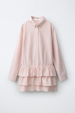 ZARA ПЛАТЬЕ-РУБАШКА В КЛЕТКУ С ОБОРКАМИ, РОЗОВЫЙ