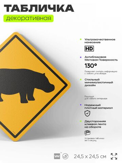 Табличка прикольная "Осторожно, бегемоты" на дверь и стену, информационная и предупреждающая, декоративный знак, 24,5х24,5 см, пластиковая, Айдентика Технолоджи