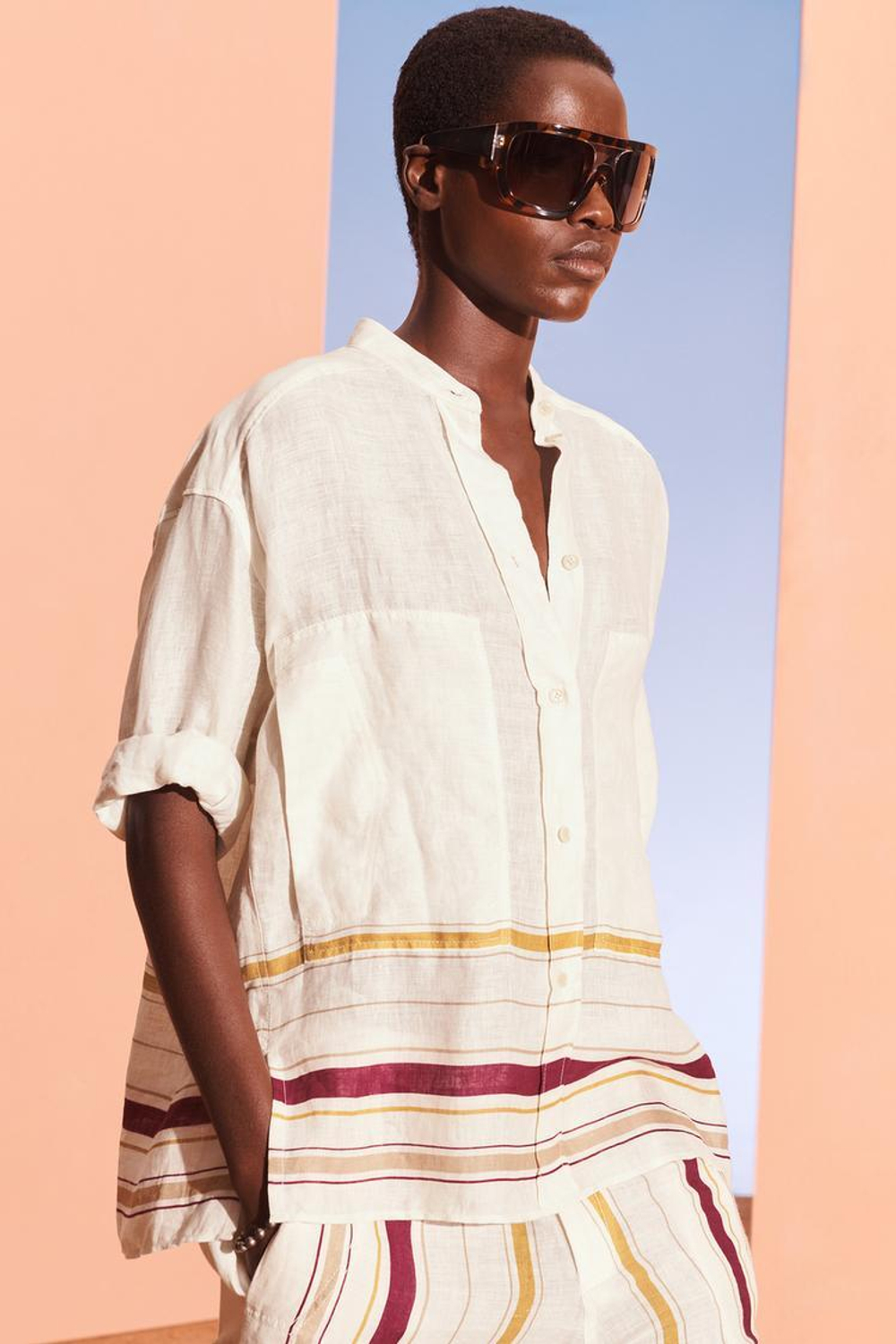 ZARA РУБАШКА ИЗ 100% ЛЬНА, БЕЛЫЙ/КРАСНЫЙ