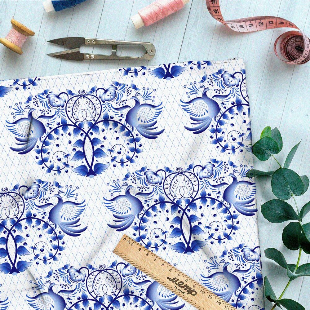 Ткань кулирная гладь крупная отзеркаленная гжель