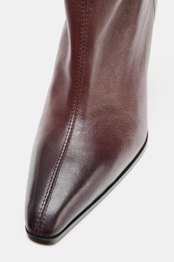 ZARA КОЖАНЫЕ БОТИЛЬОНЫ НА ВЫСОКОМ КАБЛУКЕ В КОВБОЙСКОМ СТИЛЕ, БОРДОВО-КРАСНЫЙ