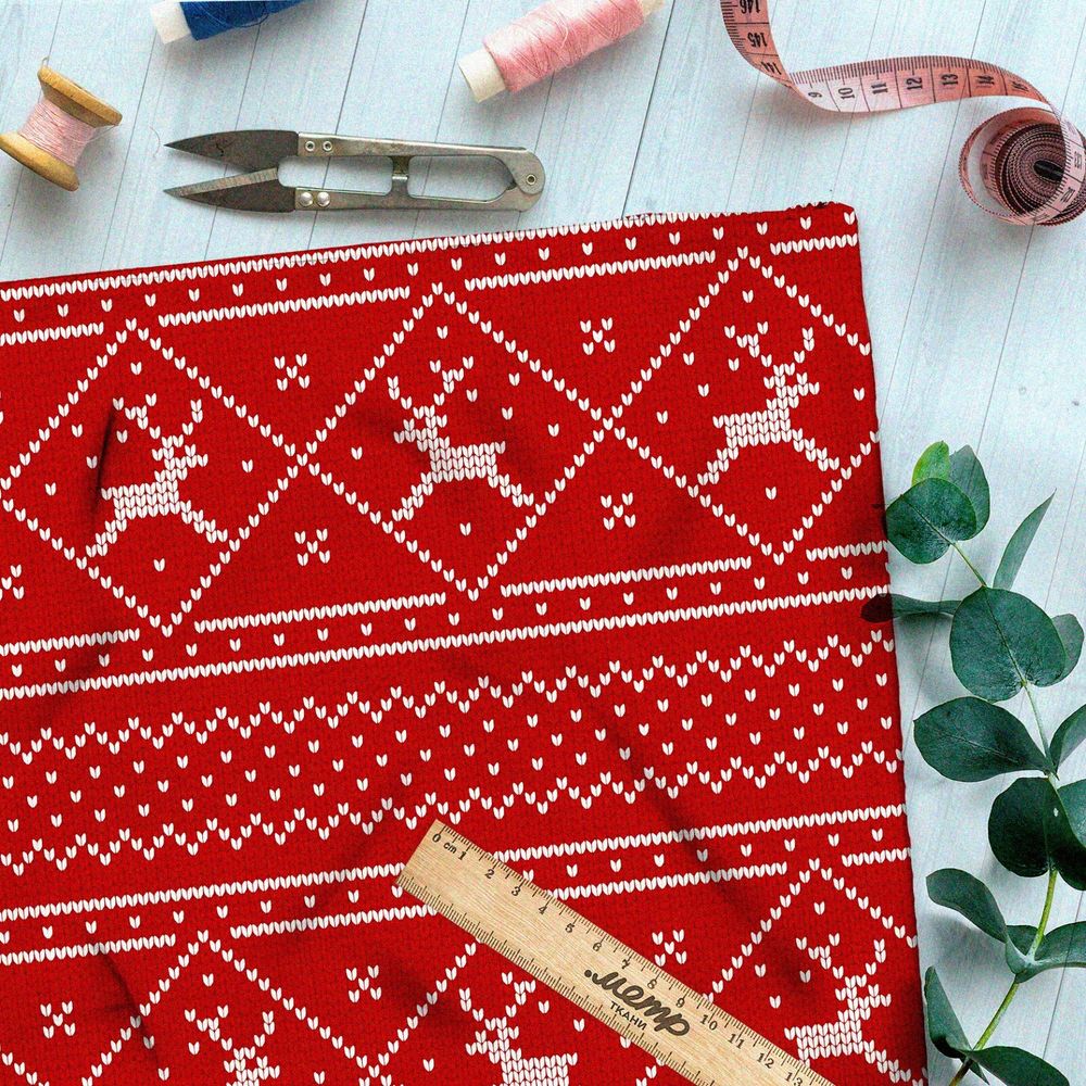 Ткань таффета мелкая белая вышивка с оленями на красном фоне