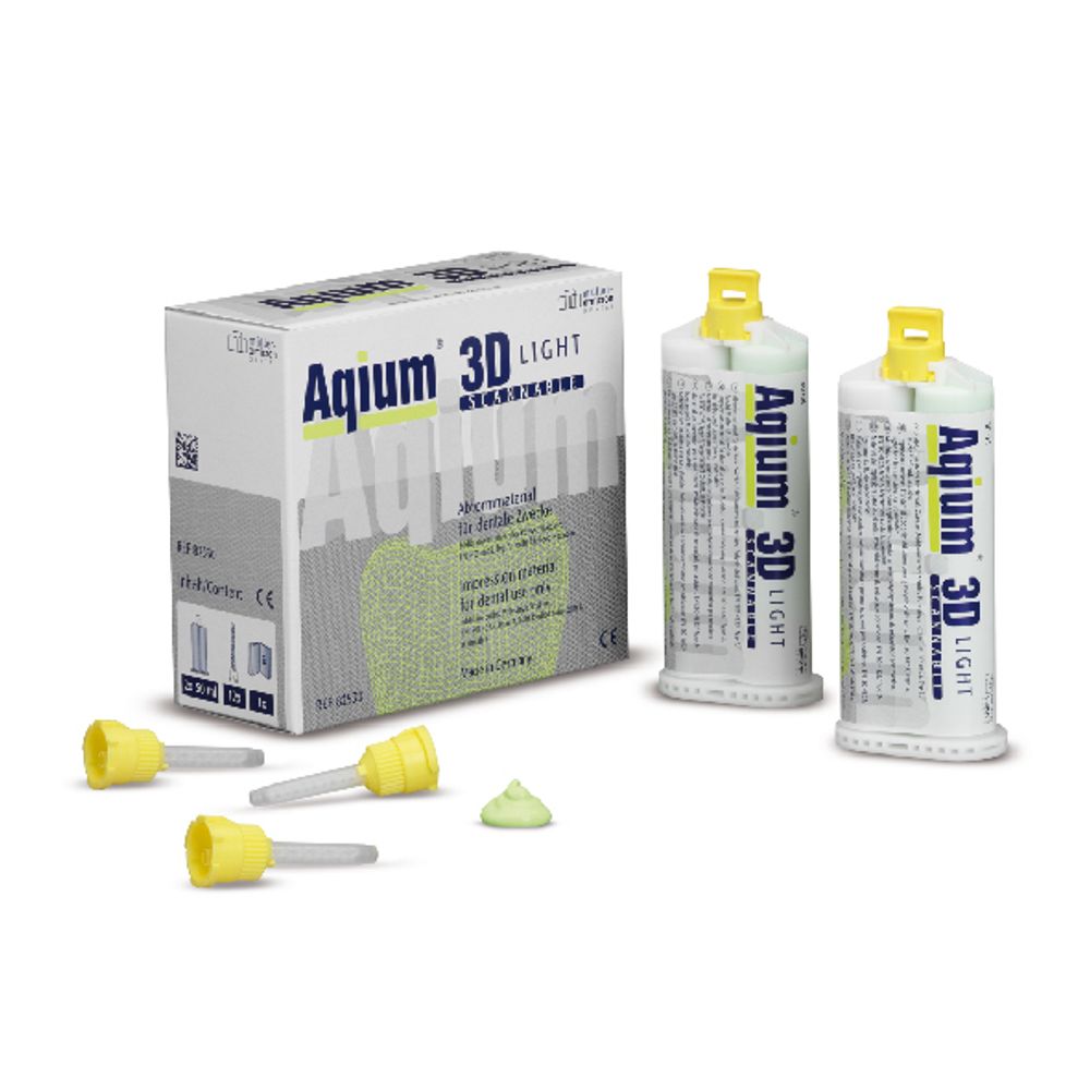 Слепочная масса А-силиконовая Aqium 3D LIGHT в двойном картридже (2x50 мл), насадки смесительные NT желтые - 12 шт./уп