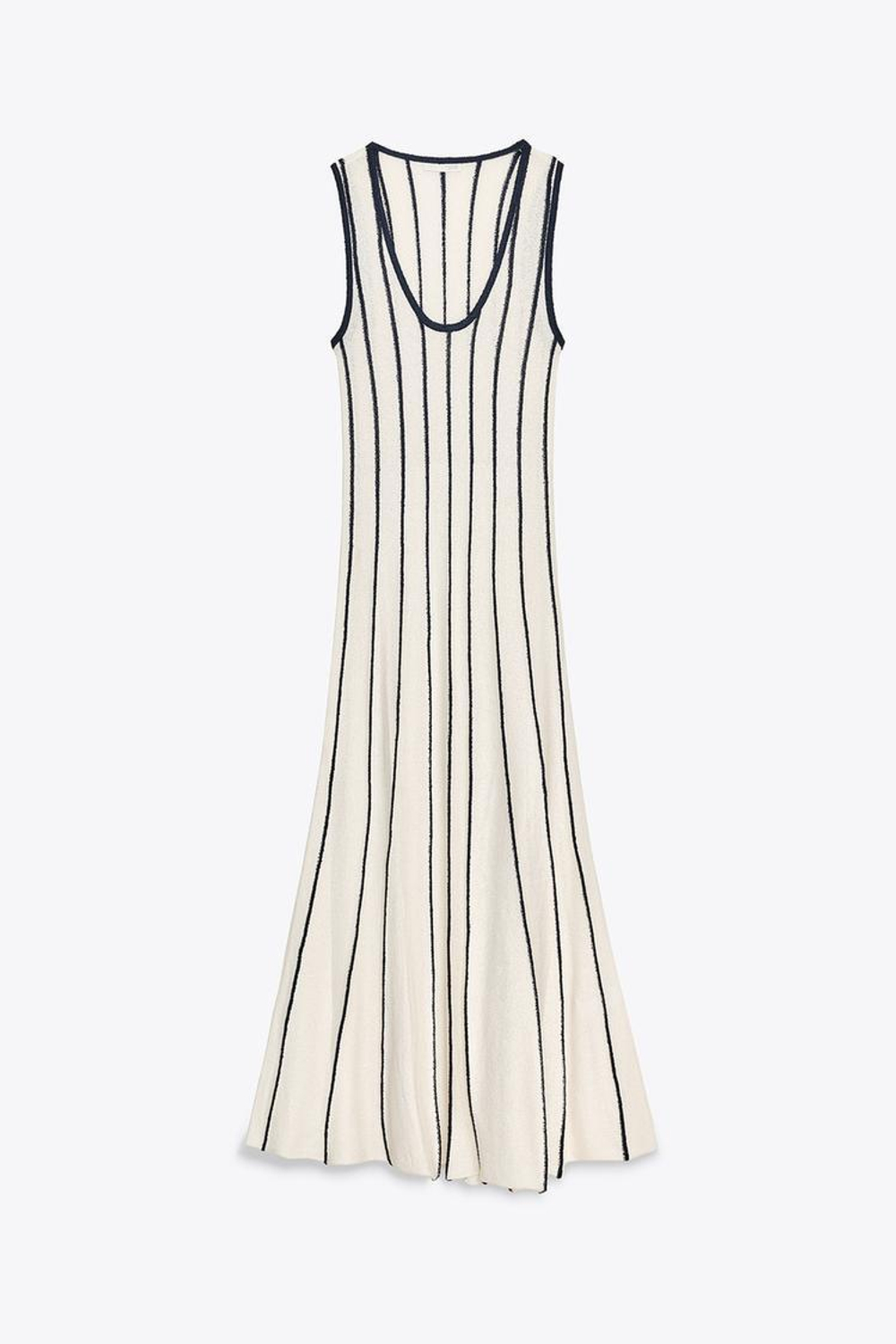 ZARA ТРИКОТАЖНОЕ ПЛАТЬЕ-МИДИ С РАЗРЕЗОМ, ЭКРЮ/ТЕМНО-СИНИЙ