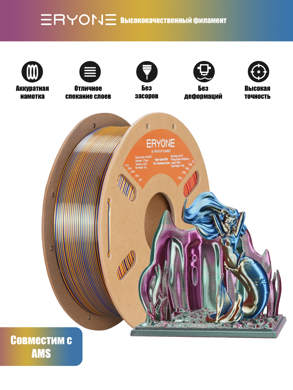 Пластик Eryone Hyper Speed Quadruple Color Silk PLA Splendid Quartet (Red & Yellow & Blue & Green)