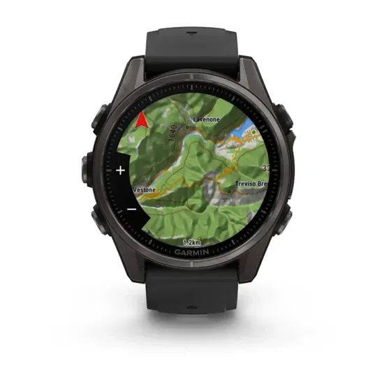 Мультиспортивные GPS часы Garmin Fenix 8S (43 mm) AMOLED, Sapphire Carbon Gray DLC Titanium with Black/Pebble Gray Silicone 010-02903-21