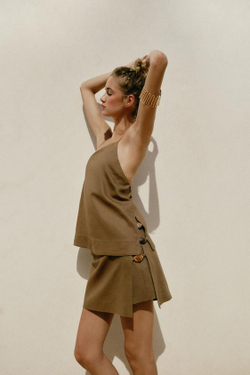 ZARA ЮБКА-ШОРТЫ ИЗ ЛЬНА С БУСИНАМИ, ТАБАЧНЫЙ