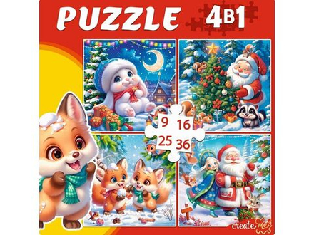 Пазлы 4в1 9,16, 25, 36 элементов "Новогодняя сказка"