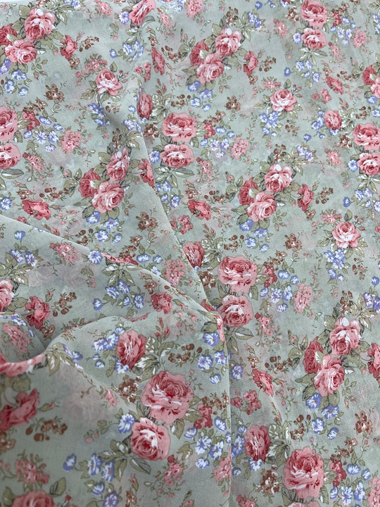 Шифон принт, розы красные на оливковом Моналиса D04C2