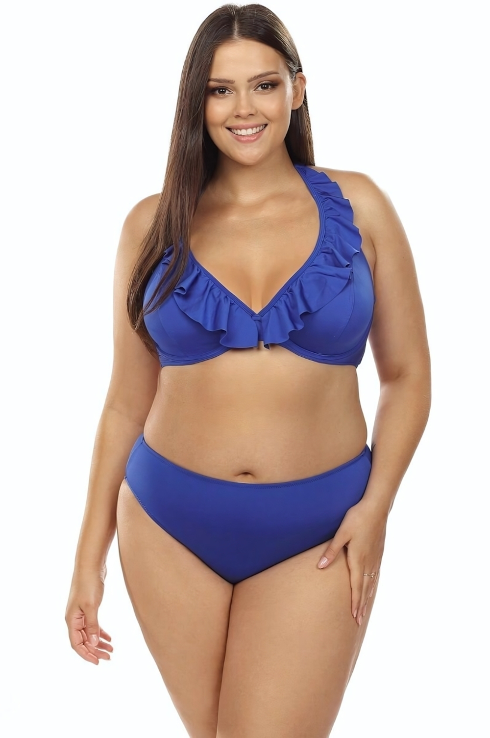 Раздельный купальник plus size с игривой оборкой на лифе (Размер: 80E/40) (Цвет: синий)