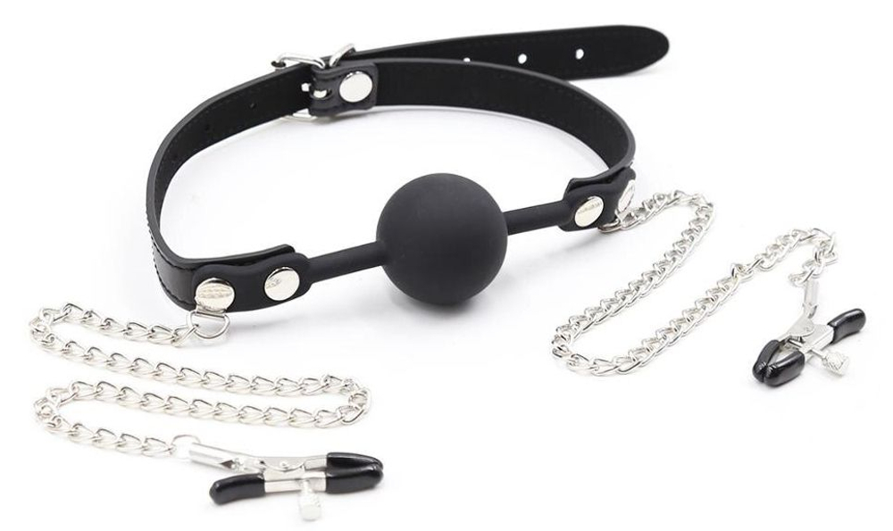 Черный кляп-шарик с зажимами на соски на металлических цепочках (Цвет: черный)